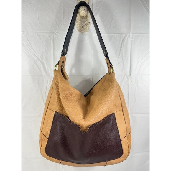Oryany Adele Colorblock Tan & Brown Pebbled Leather Hobo Shoulder Handbag - Picture 1 of 14
